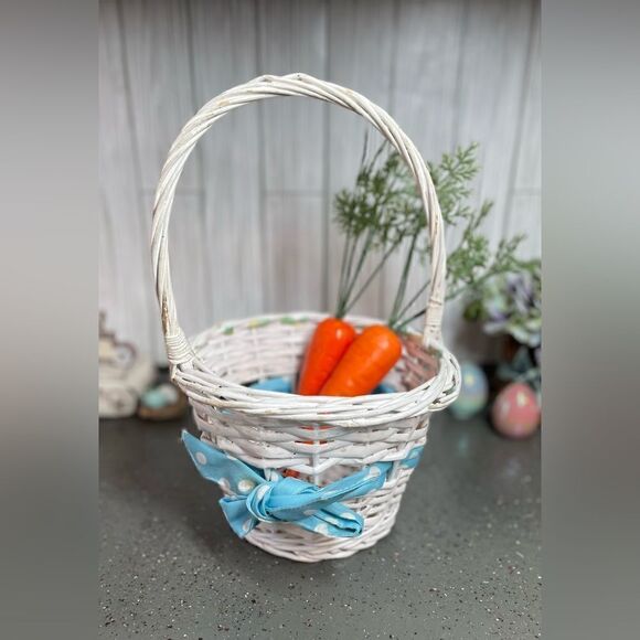 8” Basket White Round Intertwined Polka Dot Blue Ribbon & Bow EPC - Picture 1 of 12